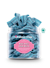 Load image into Gallery viewer, Candy Club Gourmet Gummy Blue Razz Sour Belts, 8oz Jar
